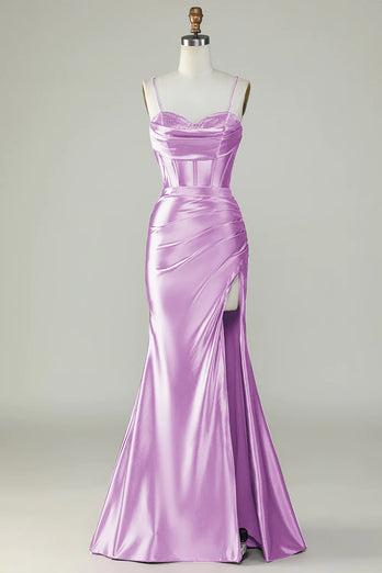 Fuchsia Spaghetti Straps Mermaid Long Prom Dress With Slit