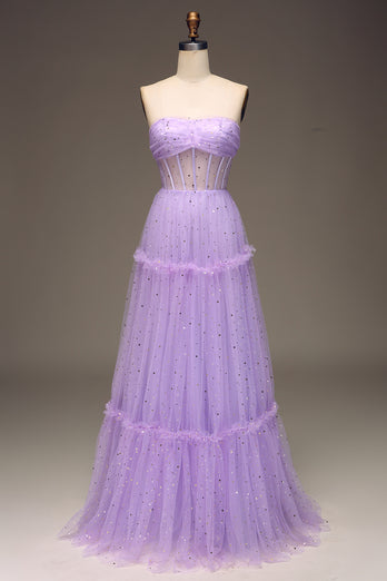 Sparkly Purple A Line Long Corset Sequined Prom Dress
