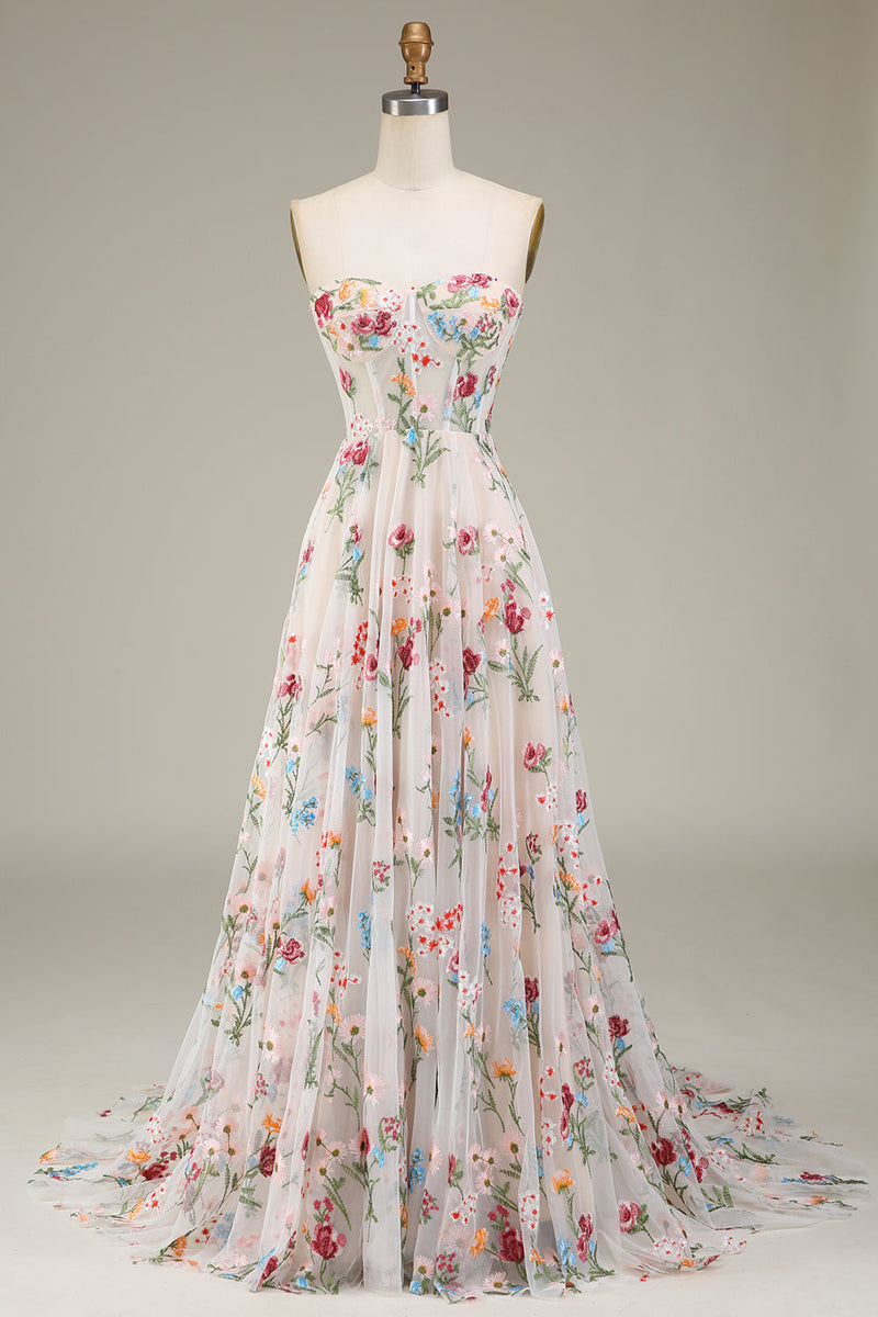 Load image into Gallery viewer, A-Line Sweetheart Long Corset Prom Dress With Flower