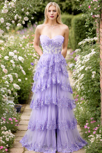 Purple A Line Long Corset Tiered Prom Dress