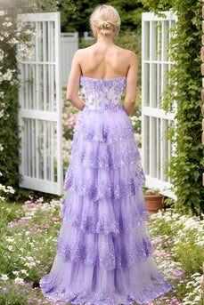 Purple A Line Long Corset Tiered Prom Dress