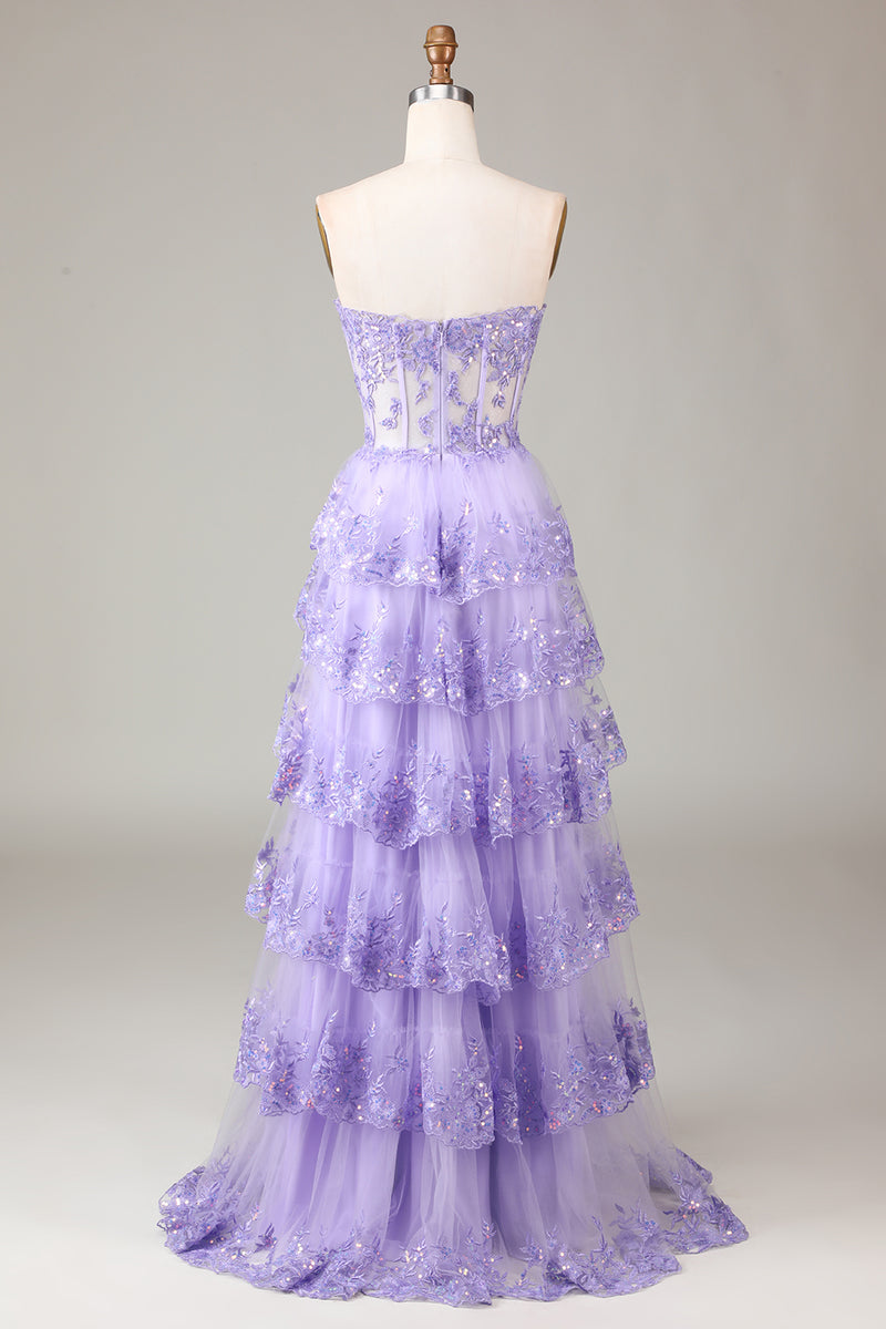 Load image into Gallery viewer, A Line Purple Corset Tiered Long Prom Dress