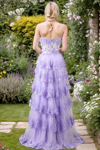 Purple A Line Long Corset Tiered Prom Dress