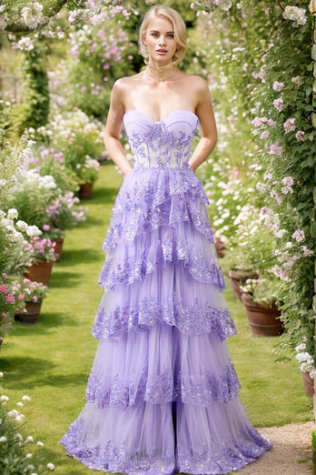 Purple A Line Long Corset Tiered Prom Dress