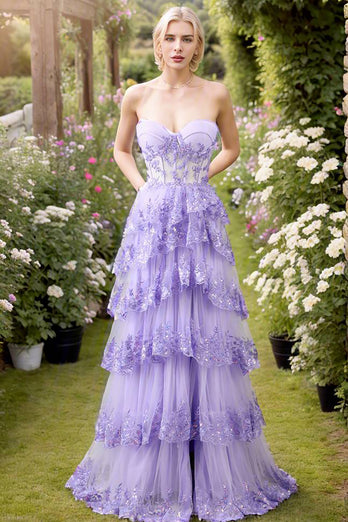 Purple A Line Long Corset Tiered Prom Dress