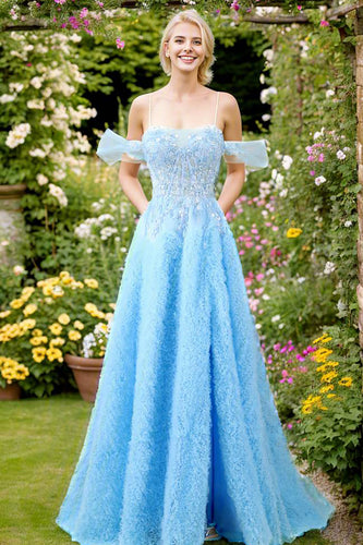 A Line Blue Tulle Long Prom Dress With Slit