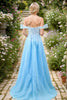 Load image into Gallery viewer, A Line Blue Tulle Long Prom Dress With Slit