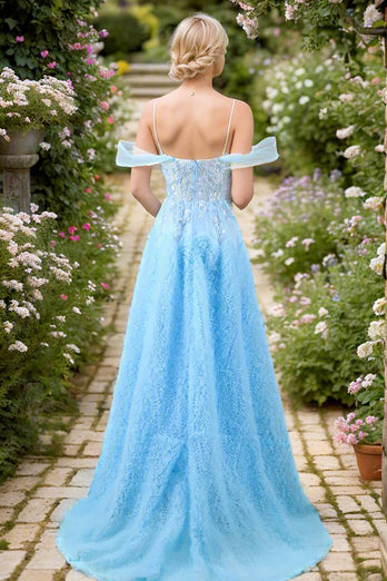 A Line Blue Tulle Long Prom Dress With Slit