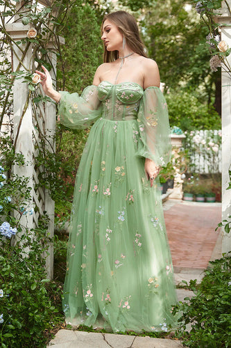 Off The Shoulder Green Long Sleeves A-Line Tulle Long Prom Dress