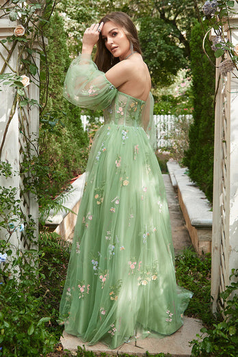 Off The Shoulder Green Long Sleeves A-Line Tulle Long Prom Dress