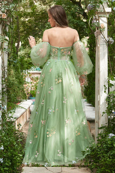 Off The Shoulder Green Long Sleeves A-Line Tulle Long Prom Dress