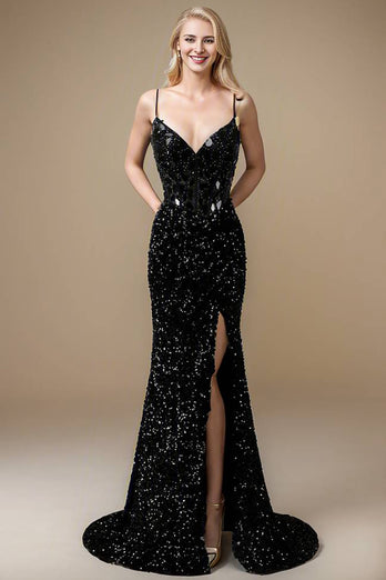 Bright Black Corset Long Mirror Prom Dress With Slit