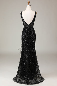 Black Mermaid Sequins Long Prom Dress With Feather