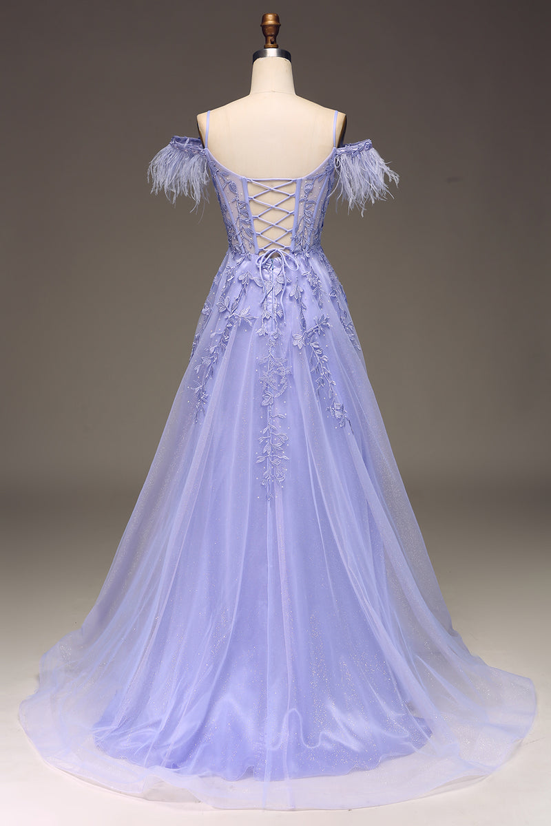 Load image into Gallery viewer, A Line Lilac Long Corset Appliqued Prom Dress With Feather