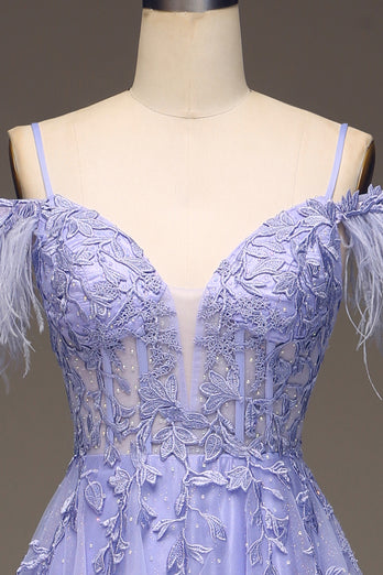 A Line Lilac Long Corset Appliqued Prom Dress With Feather