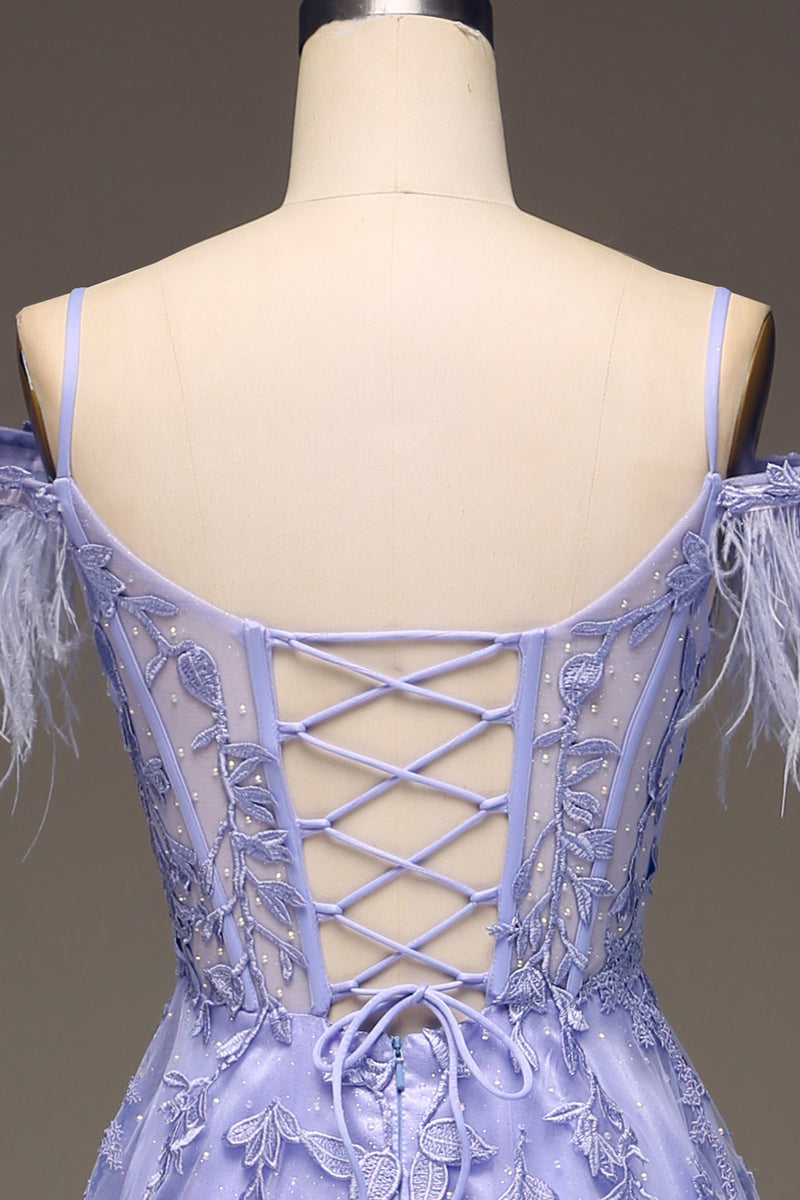 Load image into Gallery viewer, A Line Lilac Long Corset Appliqued Prom Dress With Feather