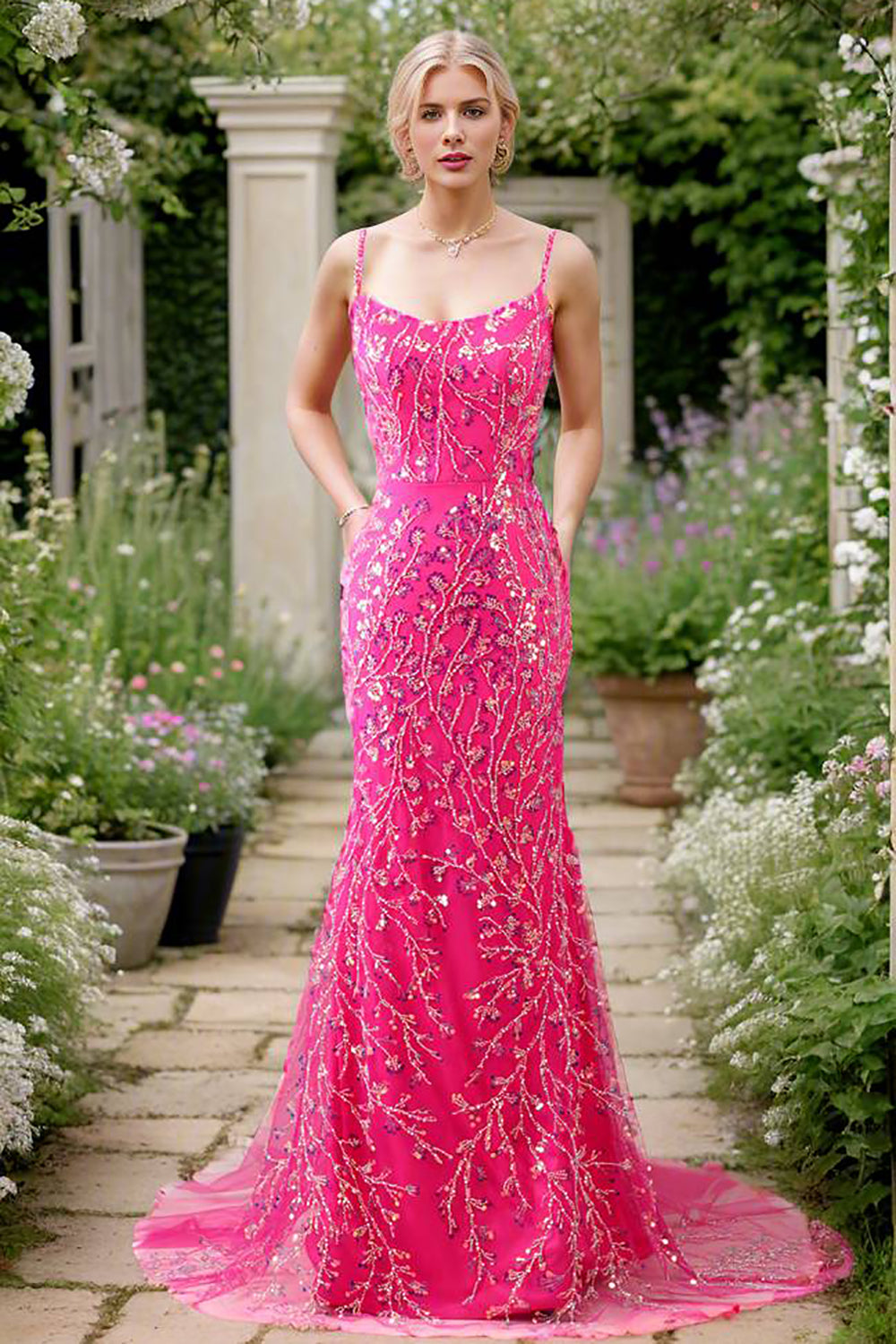 Sparkly Fuchsia Long Appliqued Beaded Prom Dress