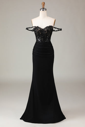 Black Mermaid Corset Long Prom Dress With Appliques