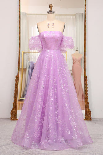 Glitter Lilac A Line Off the Shoulder Long Prom Dress With Embroidery