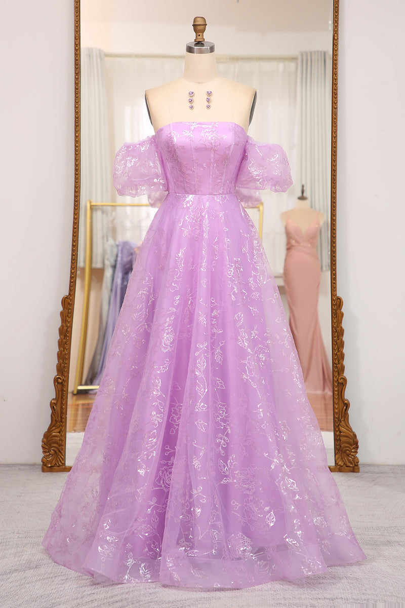 Load image into Gallery viewer, Glitter Lilac A Line Off the Shoulder Long Prom Dress With Embroidery