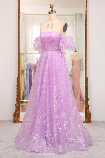 Glitter Lilac A Line Off the Shoulder Long Prom Dress With Embroidery