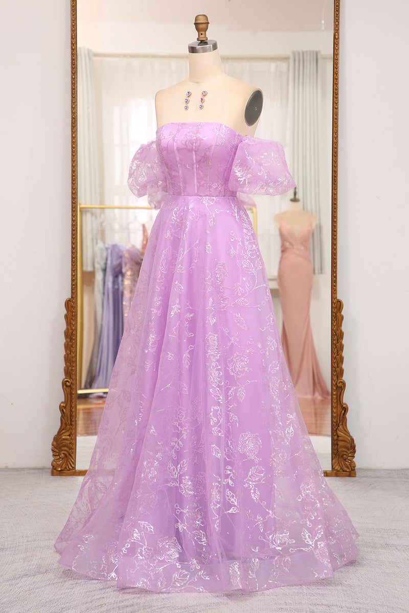 Load image into Gallery viewer, Glitter Lilac A Line Off the Shoulder Long Prom Dress With Embroidery