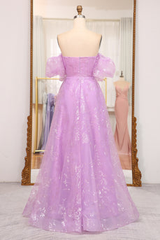 Glitter Lilac A Line Off the Shoulder Long Prom Dress With Embroidery