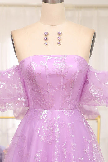 Glitter Lilac A Line Off the Shoulder Long Prom Dress With Embroidery