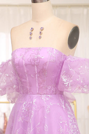 Glitter Lilac A Line Off the Shoulder Long Prom Dress With Embroidery