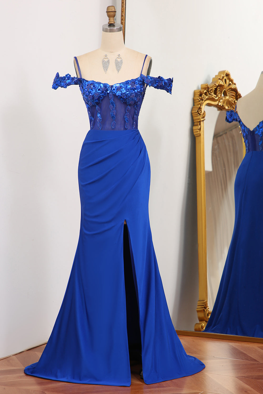 Glitter Royal Blue Mermaid Backless Long Prom Dress With Sequined Appliques