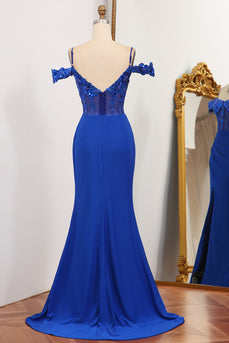 Glitter Royal Blue Mermaid Backless Long Prom Dress With Sequined Appliques