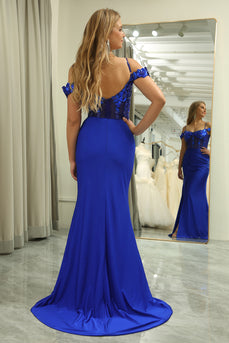 Royal Blue Mermaid Beaded Appliques Long Corset Prom Dress With Slit