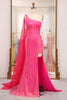 Load image into Gallery viewer, Sparkly Fuchsia Mermaid One Shoulder Long Corset Prom Dress With Slit