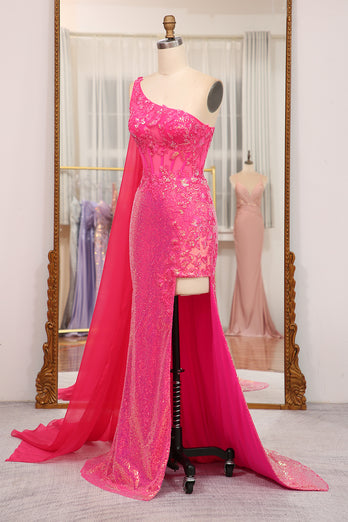 Sparkly Fuchsia Mermaid One Shoulder Long Corset Prom Dress With Slit