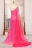 Load image into Gallery viewer, Sparkly Fuchsia Mermaid One Shoulder Long Corset Prom Dress With Slit