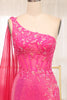 Load image into Gallery viewer, Sparkly Fuchsia Mermaid One Shoulder Long Corset Prom Dress With Slit