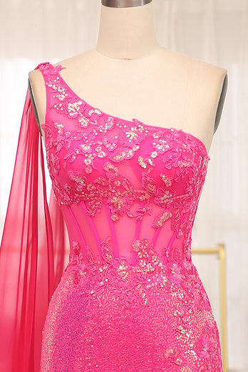 Sparkly Fuchsia Mermaid One Shoulder Long Corset Prom Dress With Slit