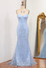 Load image into Gallery viewer, Light Blue Mermaid Spaghetti Straps Long Corset Prom Dress