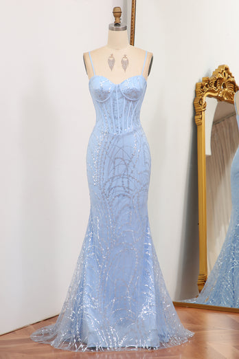 Light Blue Mermaid Spaghetti Straps Long Corset Prom Dress