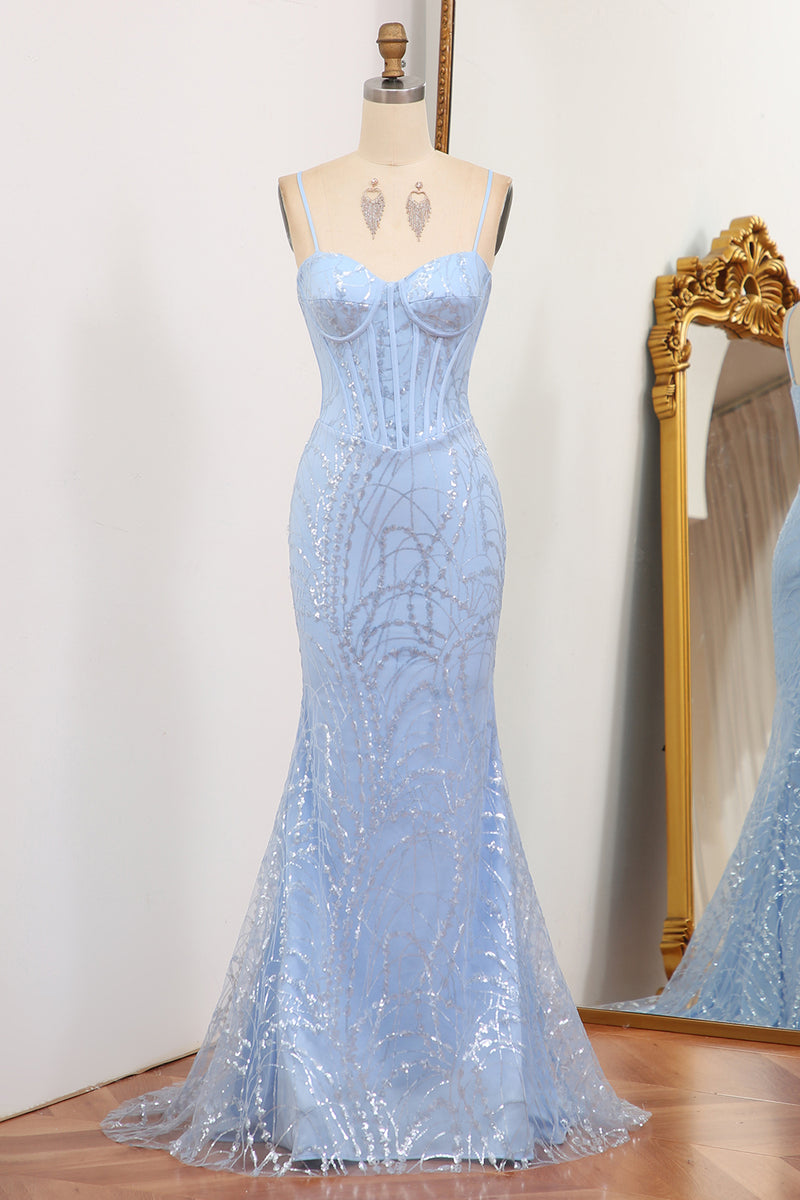 Load image into Gallery viewer, Light Blue Mermaid Spaghetti Straps Long Corset Prom Dress