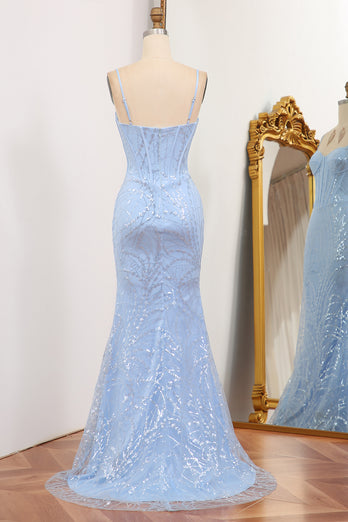 Light Blue Mermaid Spaghetti Straps Long Corset Prom Dress