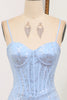 Load image into Gallery viewer, Light Blue Mermaid Spaghetti Straps Long Corset Prom Dress