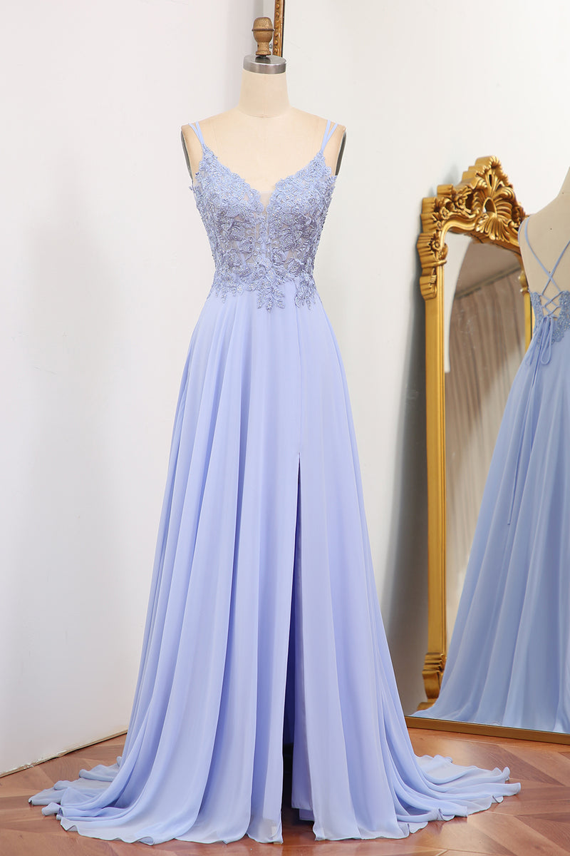 Load image into Gallery viewer, Lavender A Line Long Appliqued Prom Dress With Slit