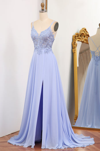 Lavender A Line Long Appliqued Prom Dress With Slit