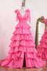 Load image into Gallery viewer, Fuchsia A Line Long Tiered Prom Dress With Slit