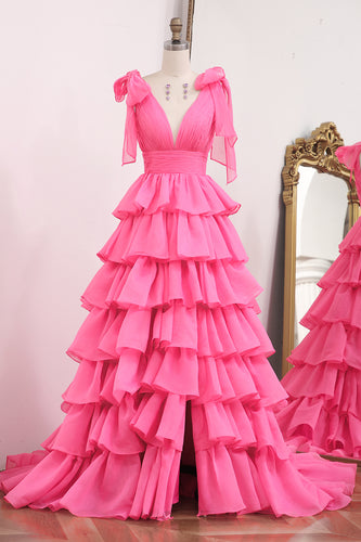 Fuchsia A Line Long Tiered Prom Dress With Slit