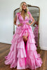 Load image into Gallery viewer, Sparkly Hot Pink A Line V Neck Backless Long Tiered Prom Dress With Slit