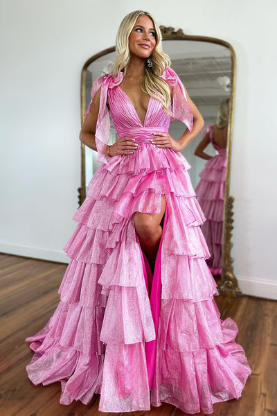 Sparkly Hot Pink A Line V Neck Backless Long Tiered Prom Dress With Slit