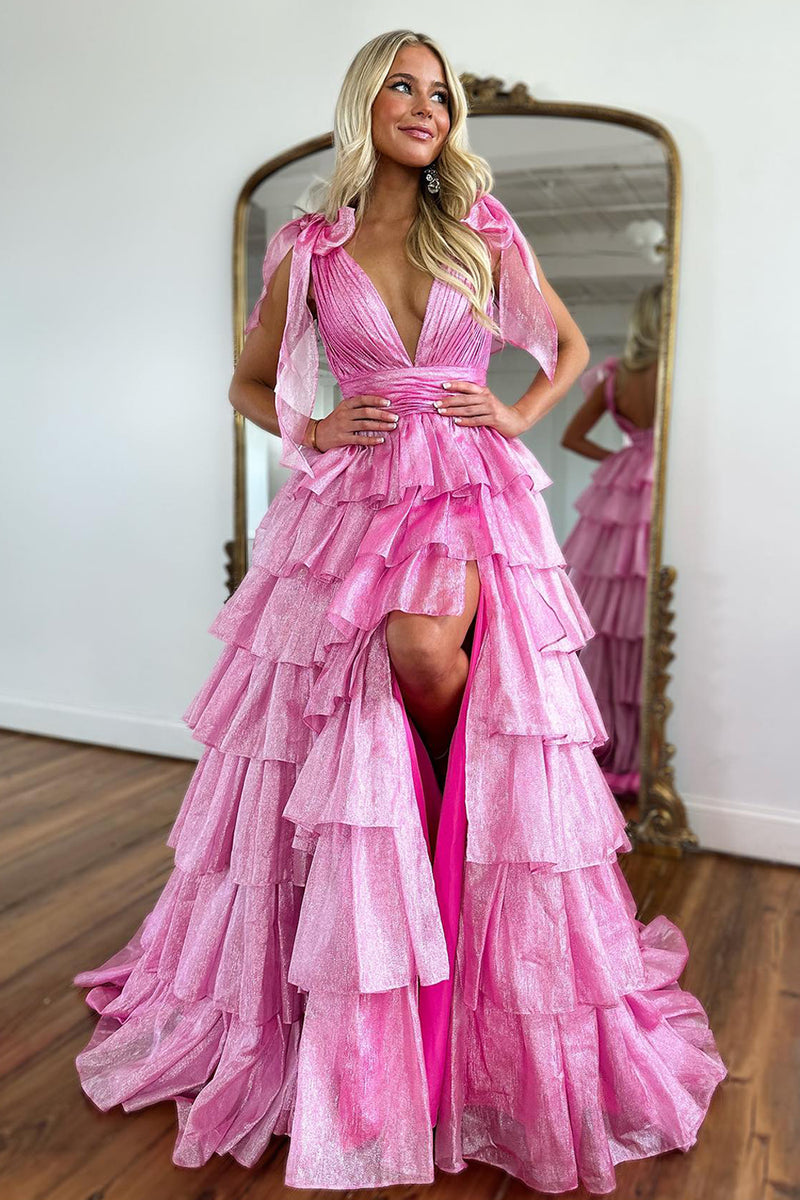 Load image into Gallery viewer, Sparkly Hot Pink A Line V Neck Backless Long Tiered Prom Dress With Slit