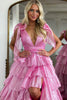 Load image into Gallery viewer, Sparkly Hot Pink A Line V Neck Backless Long Tiered Prom Dress With Slit